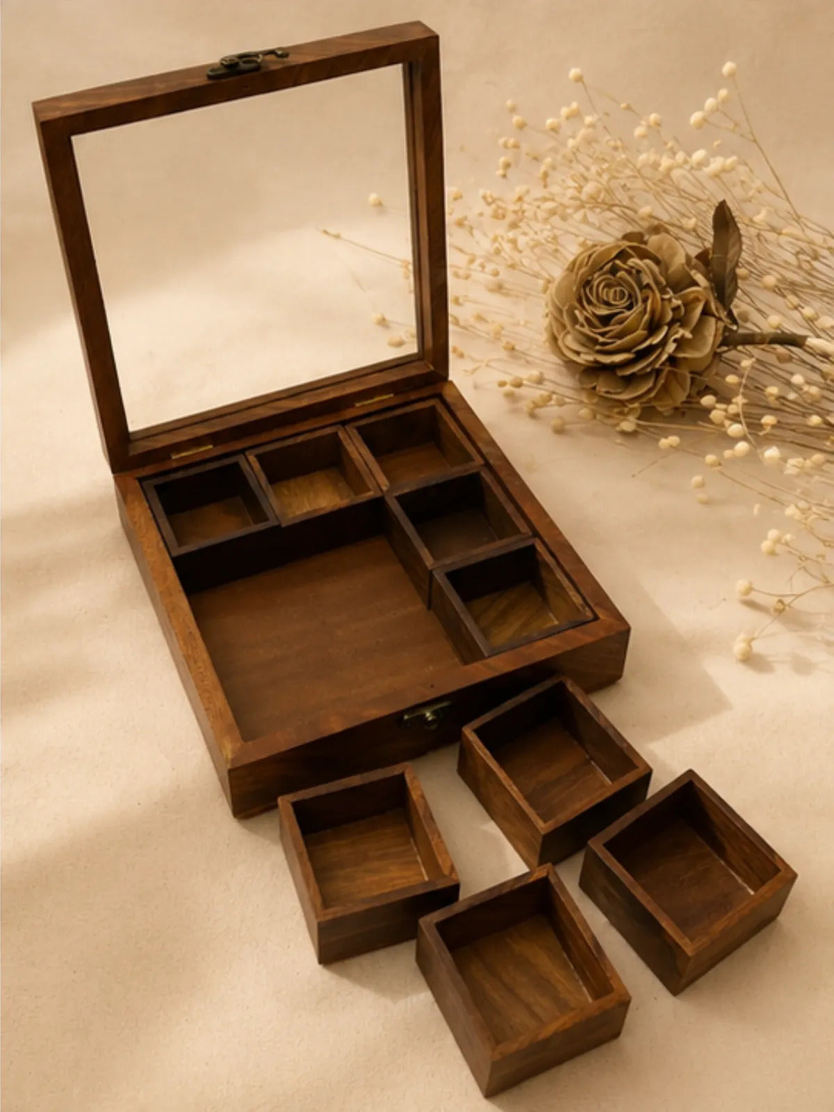 Square Wooden Spice Box with Glass Lid & Lock (9 Compartments)