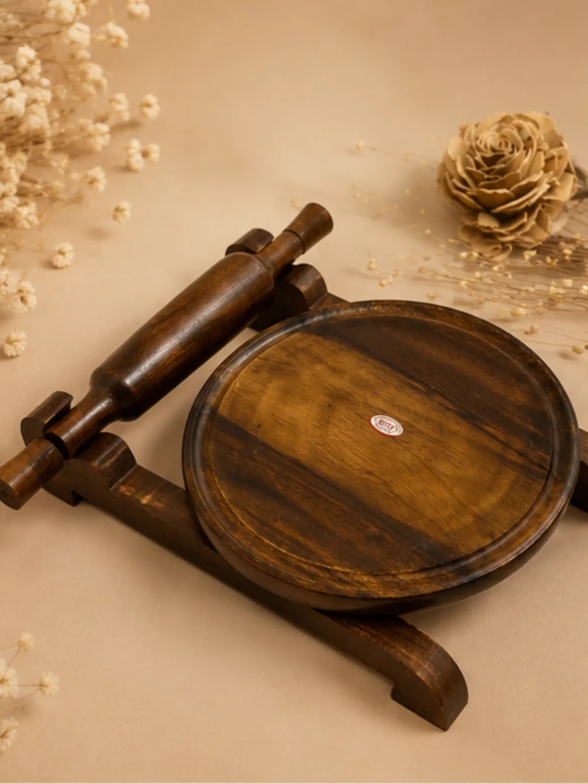 Traditional Wooden Chakla Belan Set with Stand