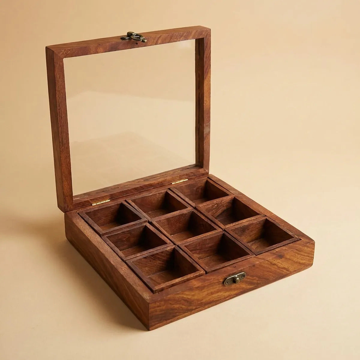 Square Wooden Spice Box with Glass Lid & Lock (9 Compartments)