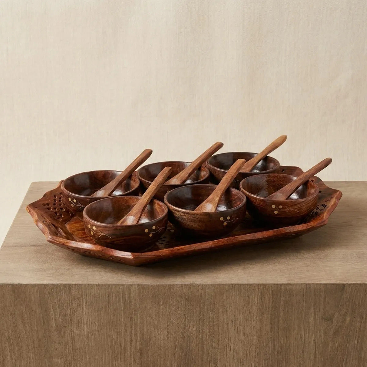 Handcrafted Wooden Serving Set - 6 Bowls with Spoons and Tray