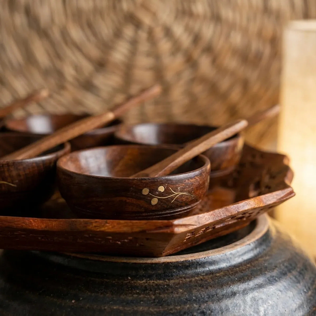 Handcrafted Wooden Serving Set - 6 Bowls with Spoons and Tray