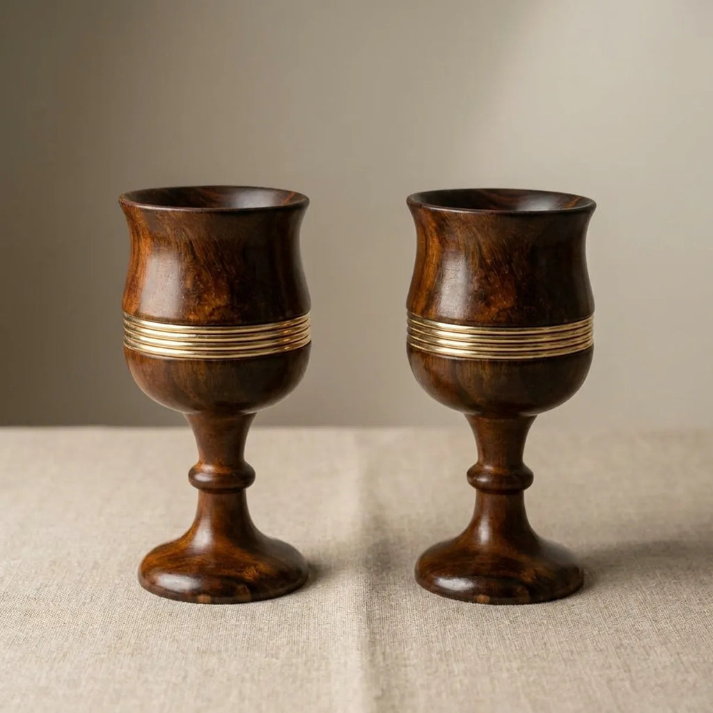 Handcrafted Wooden Goblets with Brass Ring Detail (Set of 2)