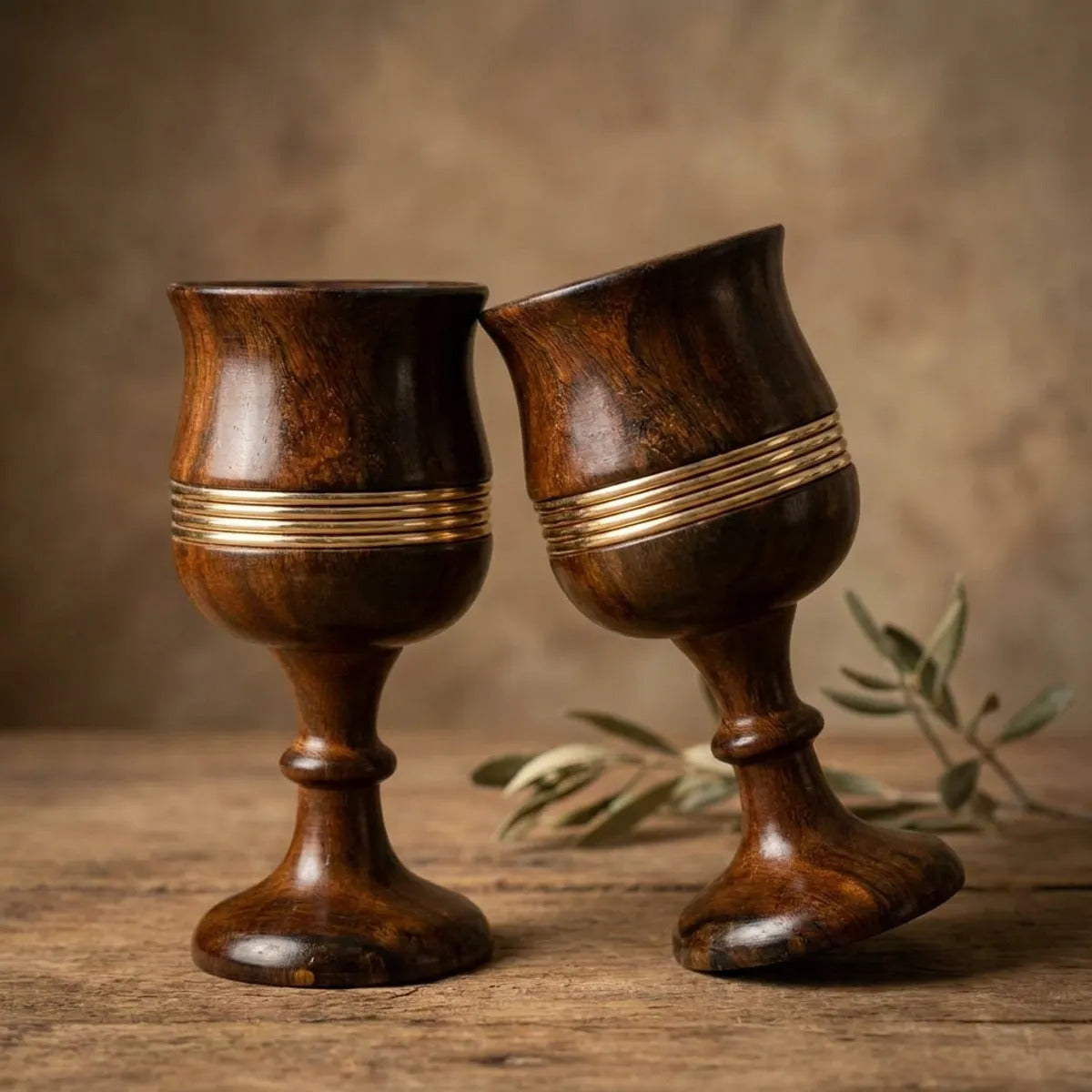 Handcrafted Wooden Goblets with Brass Ring Detail (Set of 2)