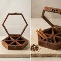 Hexagonal Wooden Spice Box with Glass Lid (6 Compartments)