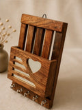 Wooden Wall Mail Holder with Heart Cut-Out & Key Hooks