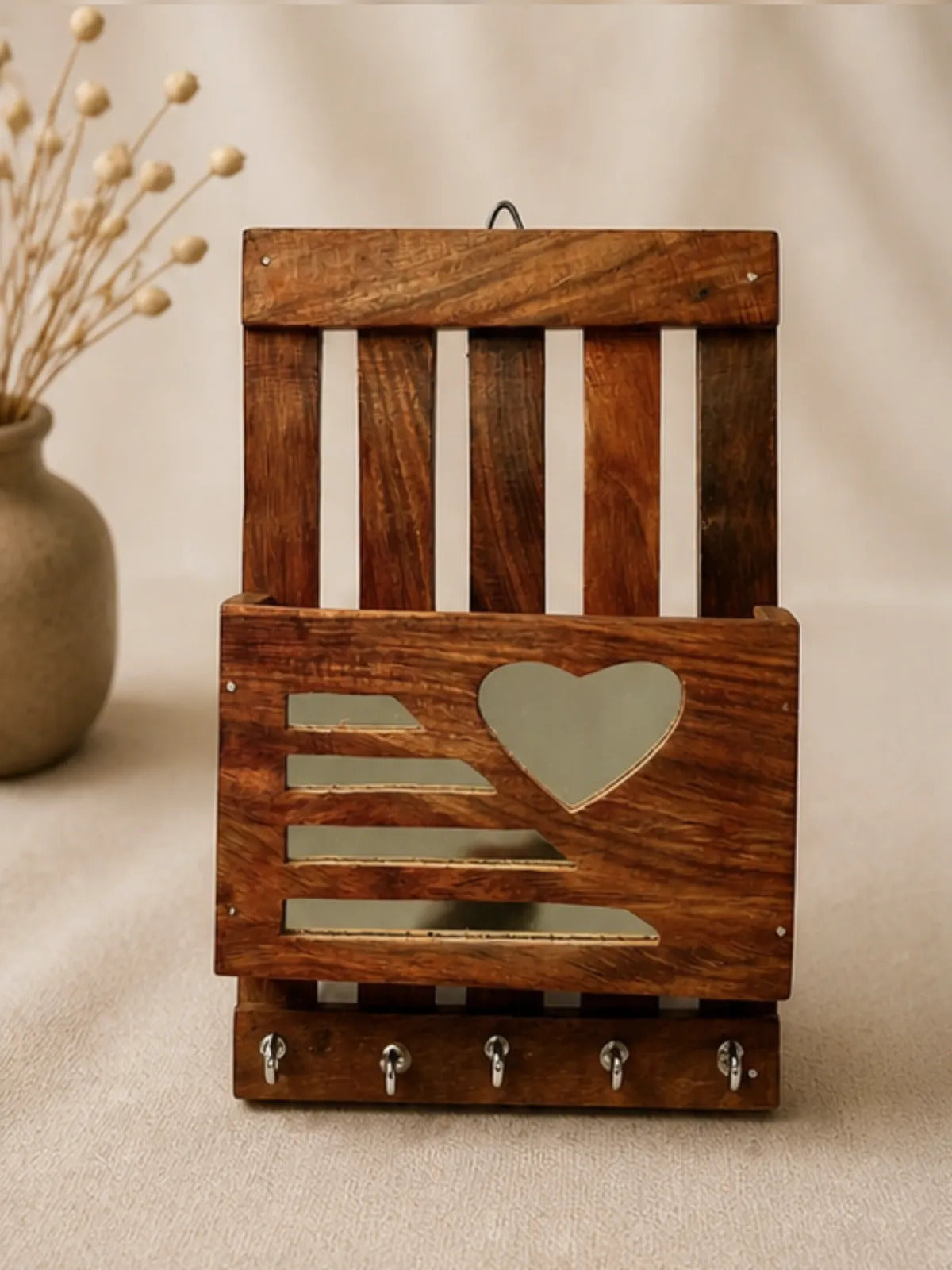 Wooden Wall Mail Holder with Heart Cut-Out & Key Hooks