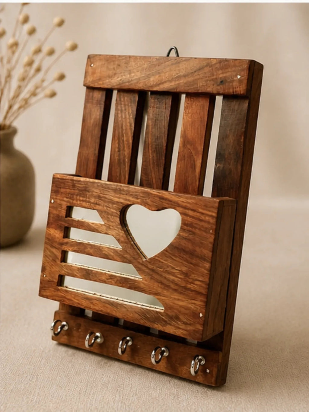 Wooden Wall Mail Holder with Heart Cut-Out & Key Hooks