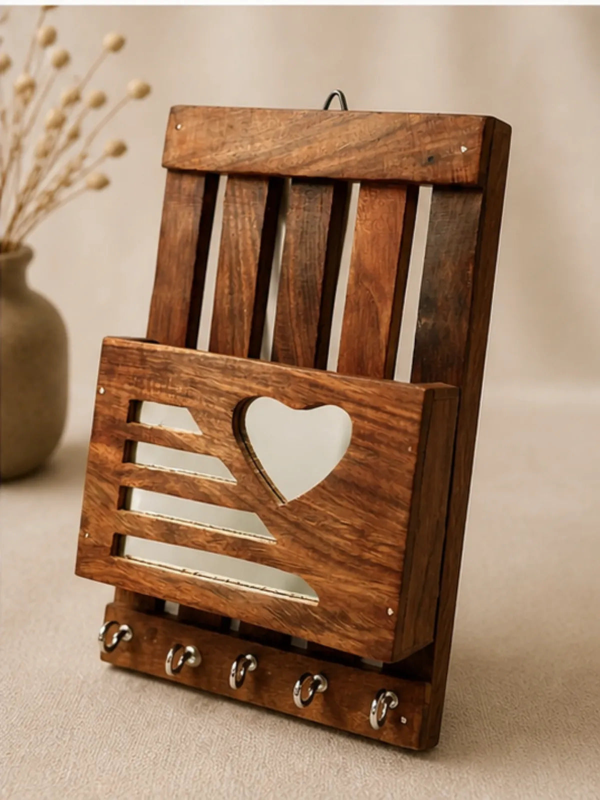 Wooden Wall Mail Holder with Heart Cut-Out & Key Hooks