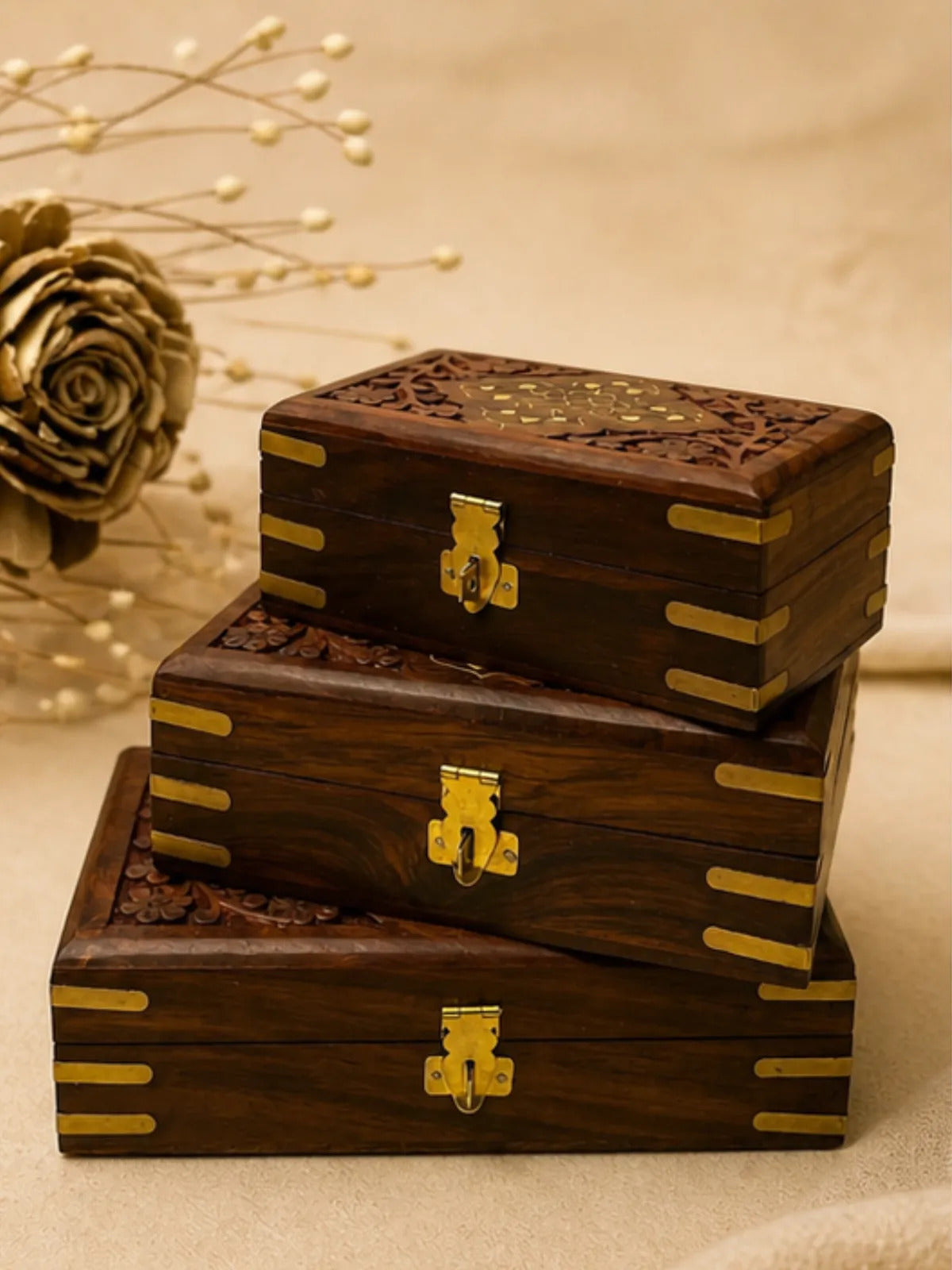 Wooden Jewelry Boxes with Brass Fittings (Set of 3)