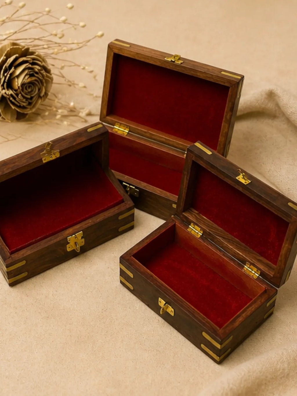 Wooden Jewelry Boxes with Brass Fittings (Set of 3)
