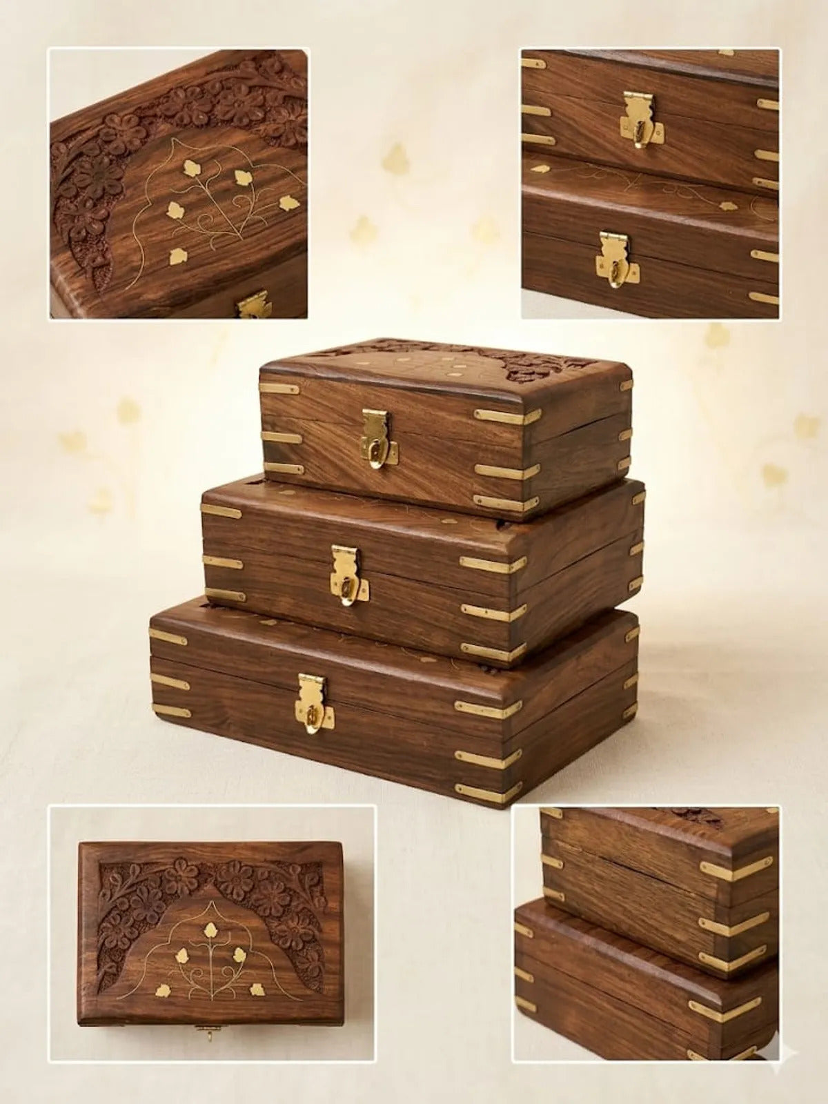 Wooden Jewelry Boxes with Brass Fittings (Set of 3)