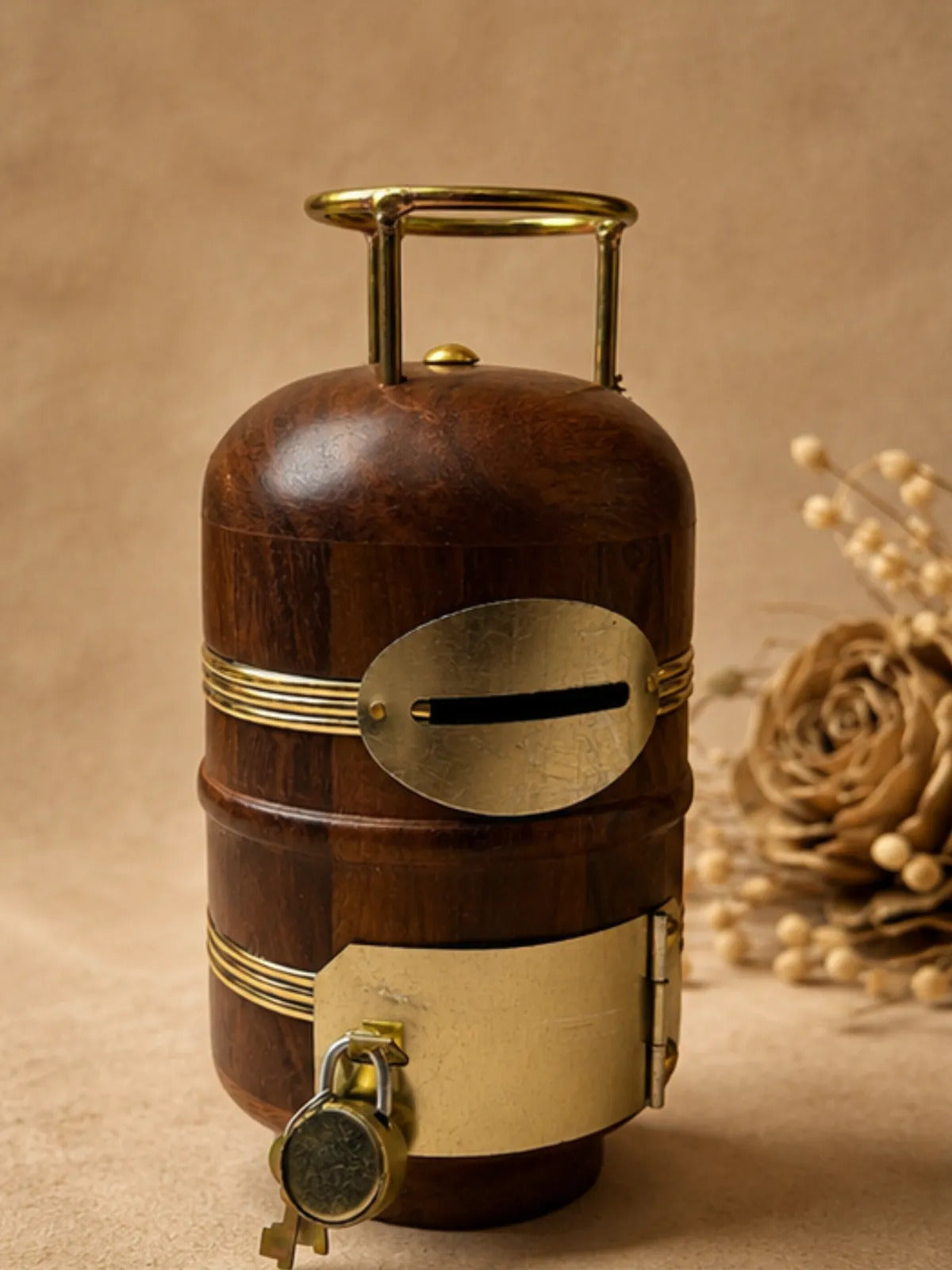 Wooden Gas Cylinder Money Box with Lock & Key