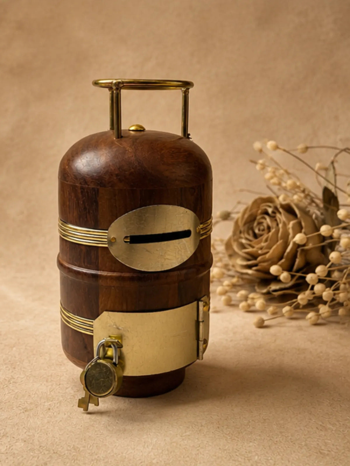 Wooden Gas Cylinder Money Box with Lock & Key