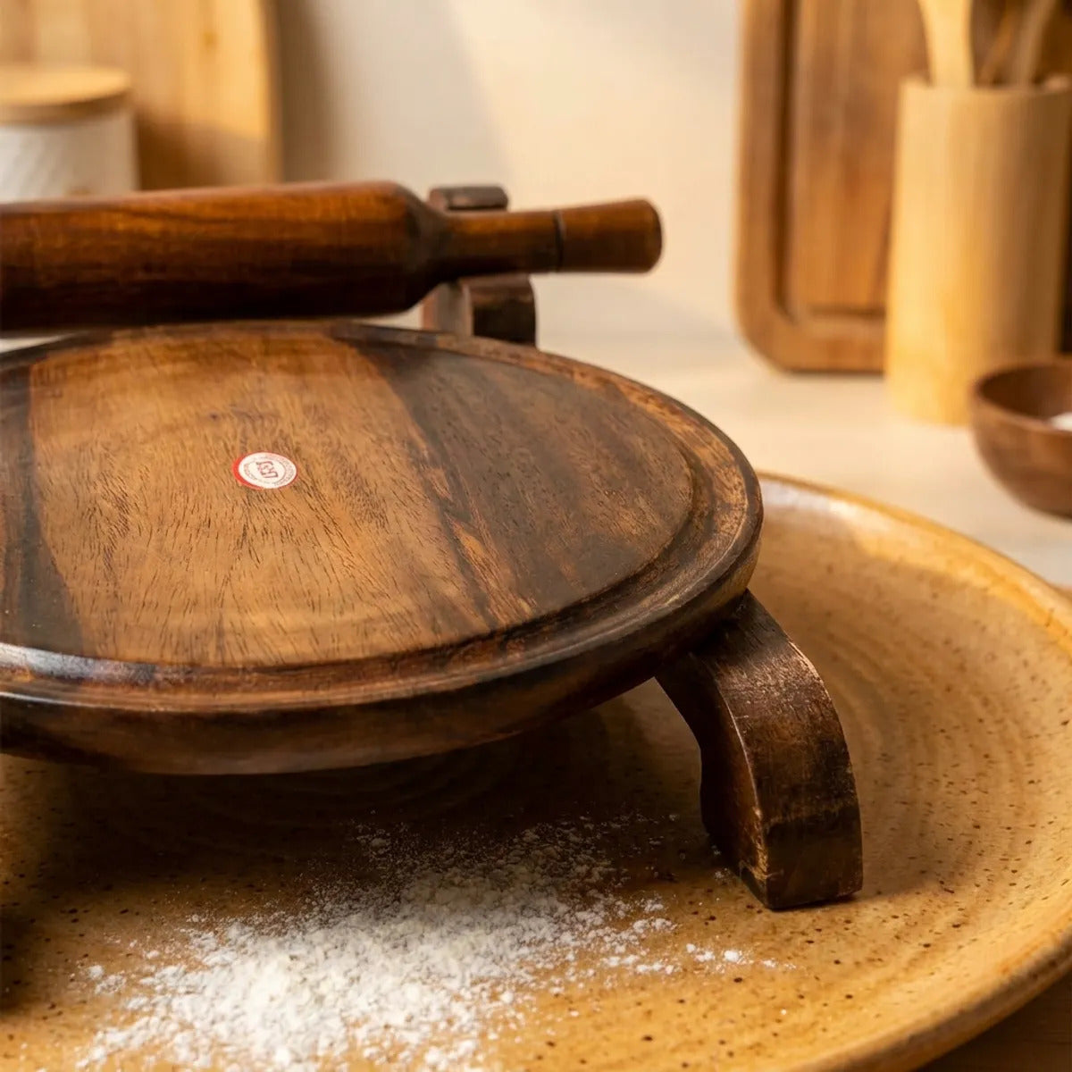 Traditional Wooden Chakla Belan Set with Stand