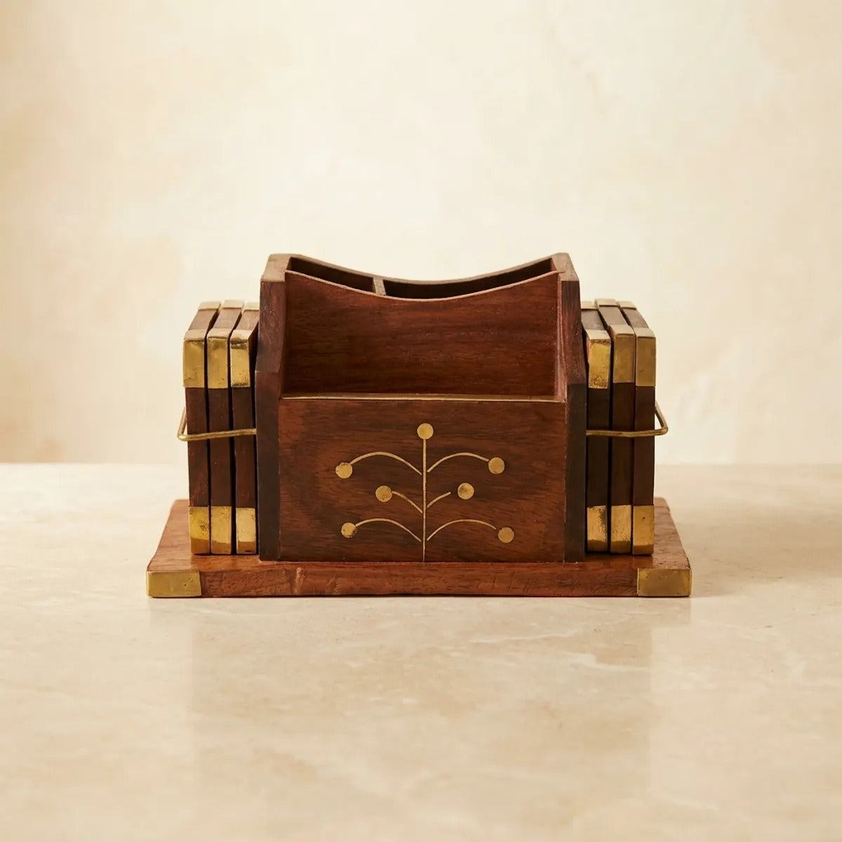 Wooden Coaster Set with Brass Inlay Caddy (Set of 6)