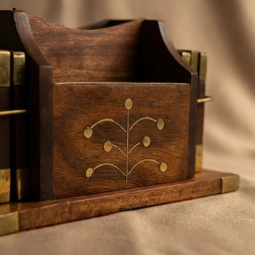 Wooden Coaster Set with Brass Inlay Caddy (Set of 6)