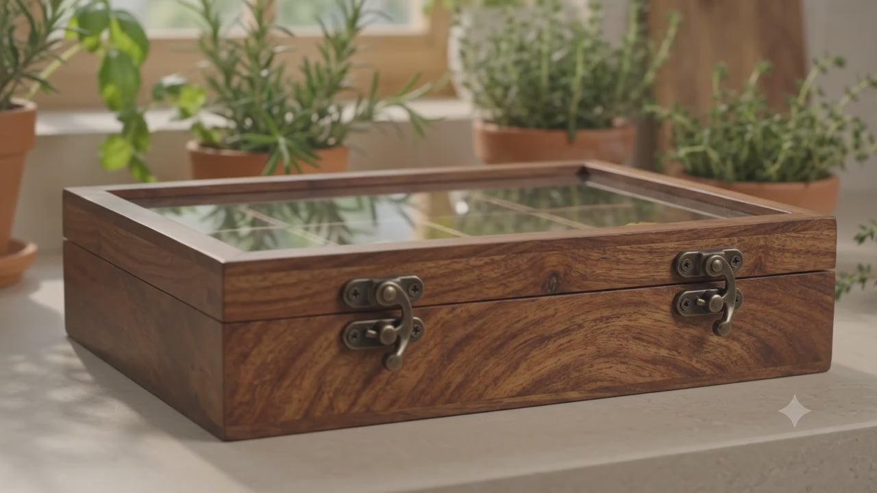 Handcrafted Wooden Spice Box with Glass Lid (12 Compartments)