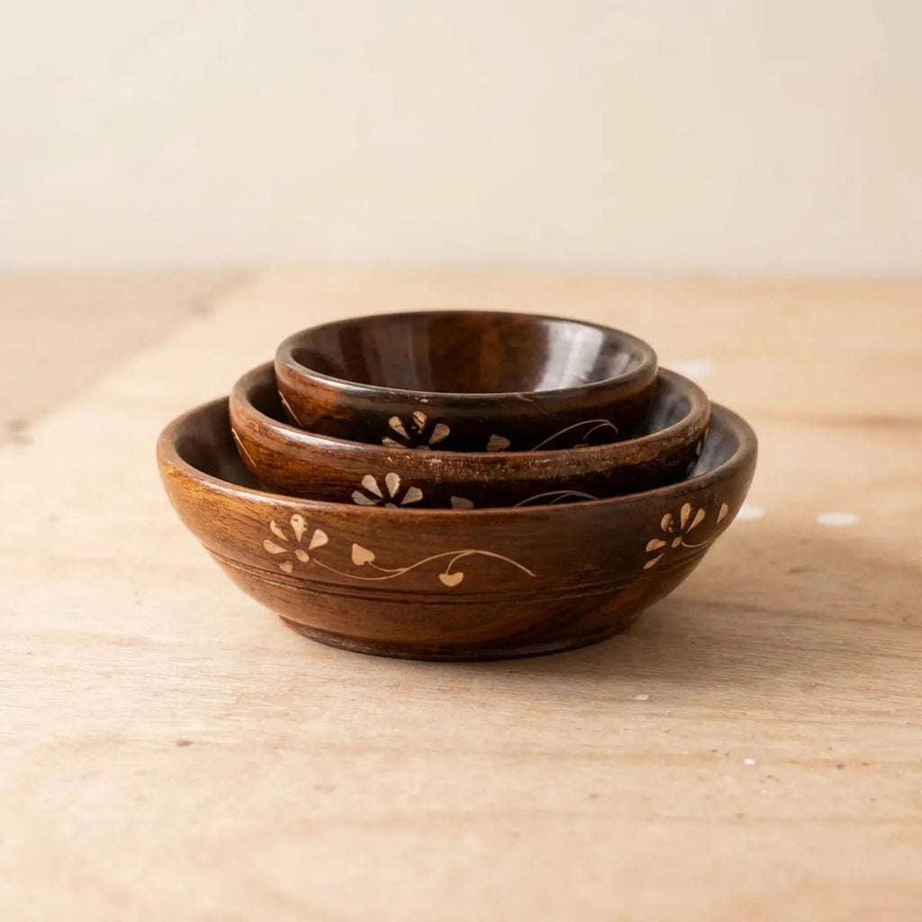 Handcrafted Wooden Nesting Bowls with Brass Inlay (Set of 3)