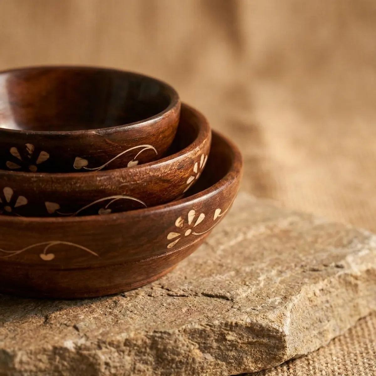 Handcrafted Wooden Nesting Bowls with Brass Inlay (Set of 3)