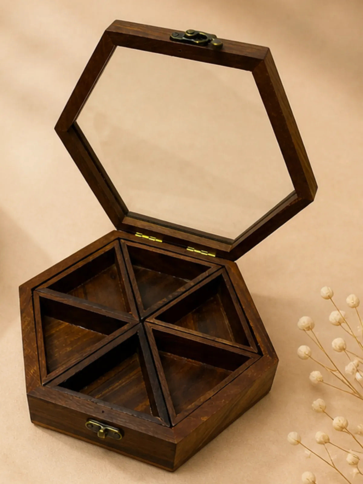 Hexagonal Wooden Spice Box with Glass Lid (6 Compartments)