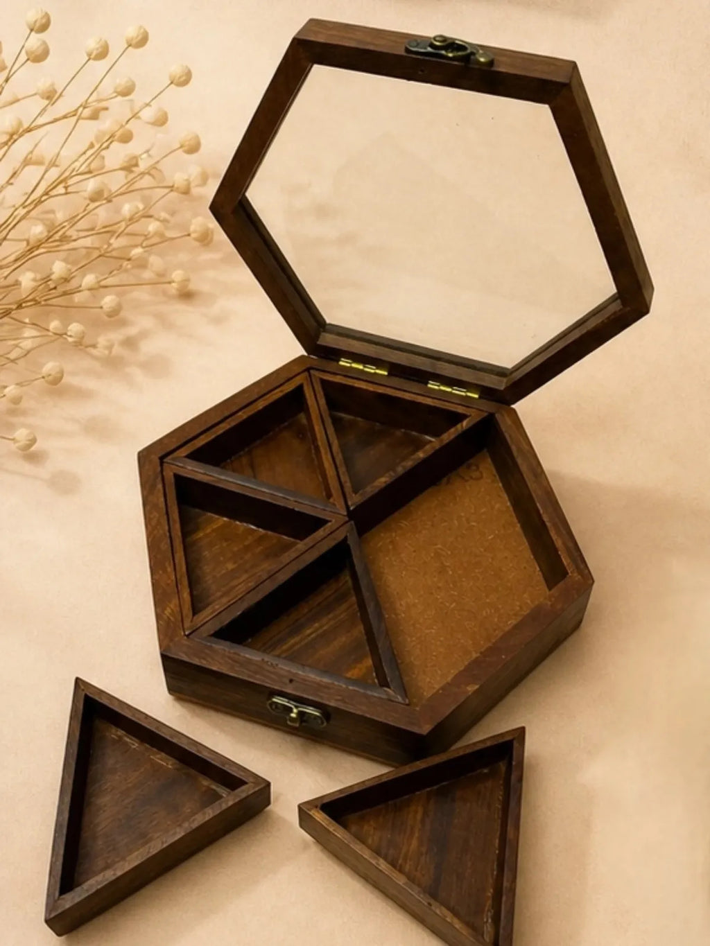 Hexagonal Wooden Spice Box with Glass Lid (6 Compartments)