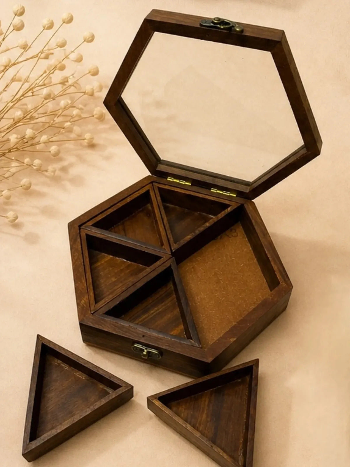Hexagonal Wooden Spice Box with Glass Lid (6 Compartments)