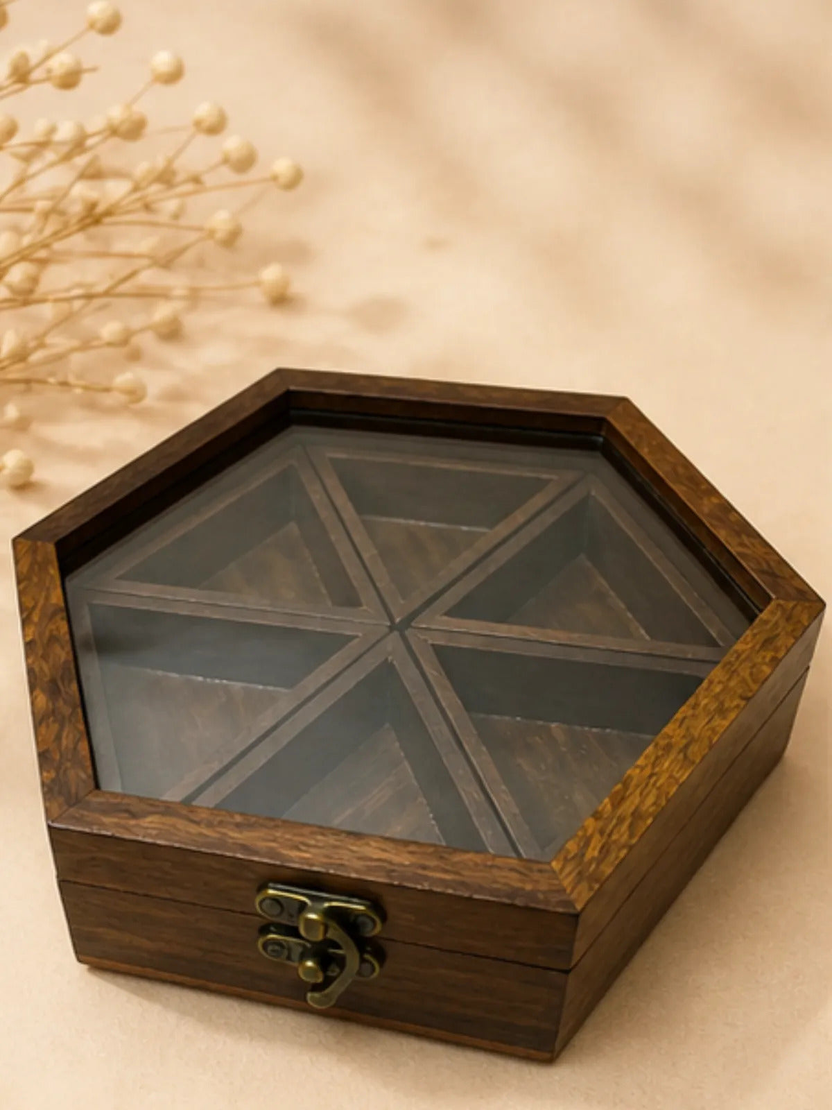 Hexagonal Wooden Spice Box with Glass Lid (6 Compartments)